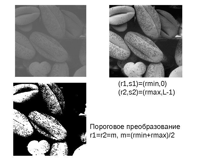 (r 1, s 1)=(rmin, 0) (r 2, s 2)=(rmax, L-1) Пороговое преобразование r 1=r