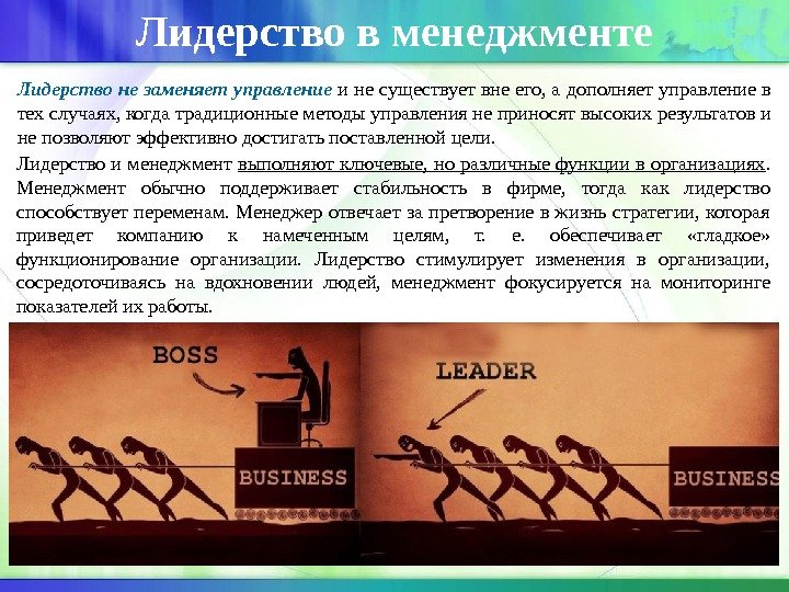 Лидерство в менеджменте Лидерство не заменяет управление и не существует вне его, а дополняет