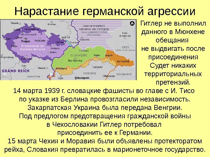 Нарастание германской агрессии Гитлер не выполнил данного в Мюнхене обещания не выдвигать после присоединения