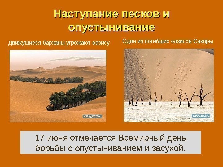 Наступание песков и опустынивание Один из погибших оазисов Сахары Движущиеся барханы угрожают оазису 17
