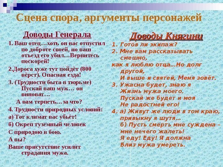  Сцена спора, аргументы персонажей Доводы Генерала 1.  Ваш отец…хоть он вас отпустил