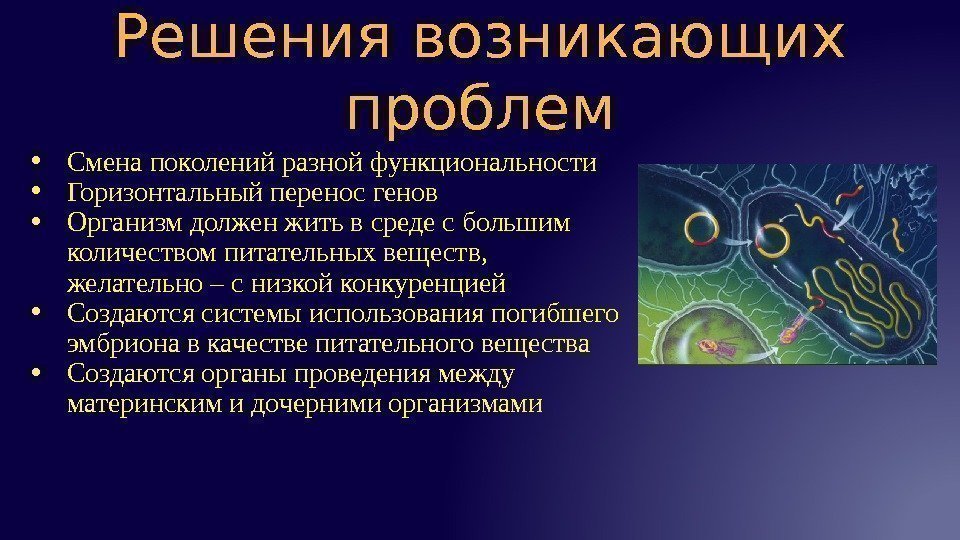 Решения возникающих проблем • Смена поколений разной функциональности  • Горизонтальный перенос генов •