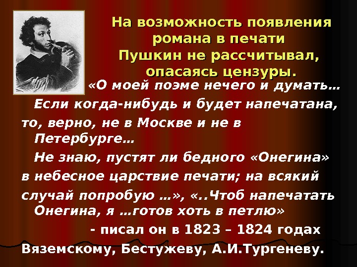 На возможность появления романа в печати Пушкин не рассчитывал,  опасаясь цензуры.  