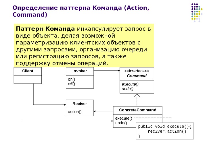 Определение паттерна Команда ( Action,  Command ) Паттерн Команда инкапсулирует запрос в виде