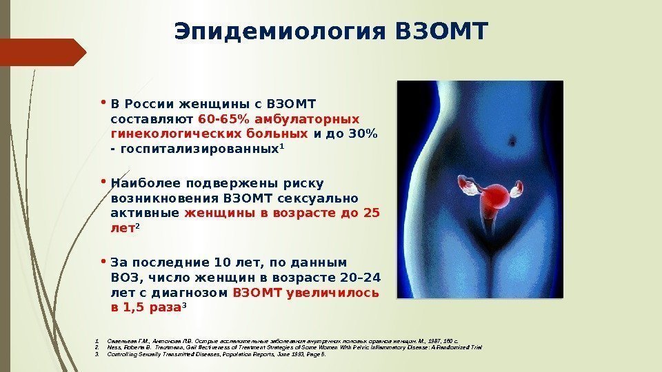 Эпидемиология ВЗОМТ • В России женщины с ВЗОМТ составляют 60 -65 амбулаторных гинекологических больных