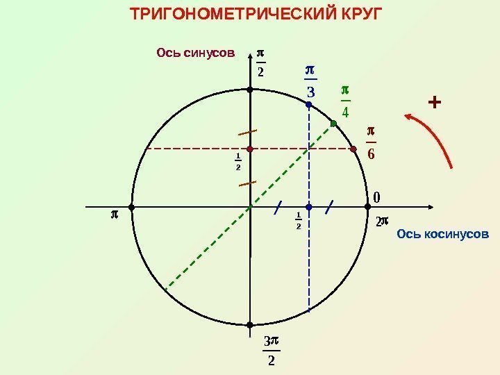 1 2 ТРИГОНОМЕТРИЧЕСКИЙ КРУГ Ось косинусов. Ось синусов 4 6 2 3 2 2