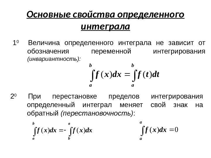 Основные свойства определенного интеграла 1 0 Величина определенного интеграла не зависит от обозначения переменной