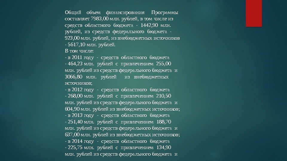 Общийобъемфинансирования. Программы составляет7983, 00 млн. рублей, втомчислеиз средствобластногобюджета-1442, 90 млн. рублей, изсредствфедеральногобюджета- 923, 00