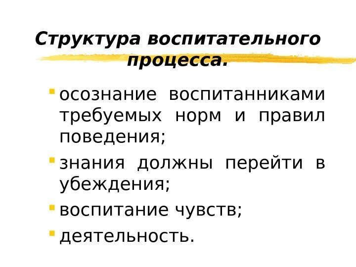   Структура воспитательного процесса.  осознание воспитанниками требуемых норм и правил поведения; 