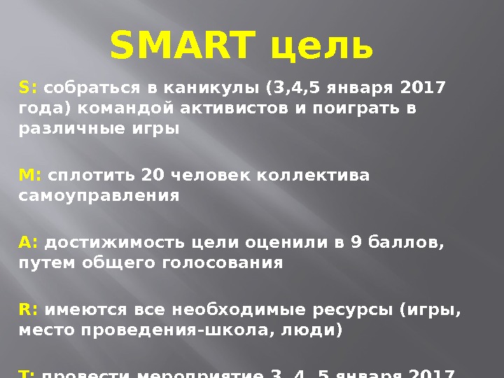 S:  собраться в каникулы (3, 4, 5 января 2017 года) командой активистов и