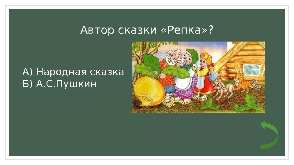 Автор сказки «Репка» ? А) Народная сказка Б) А. С. Пушкин 