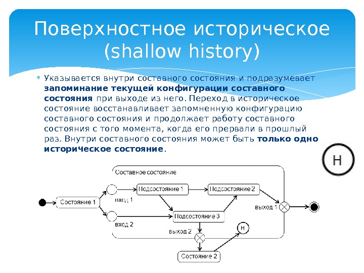  Указывается внутри составного состояния и подразумевает запоминание текущей конфигурации составного состояния при выходе