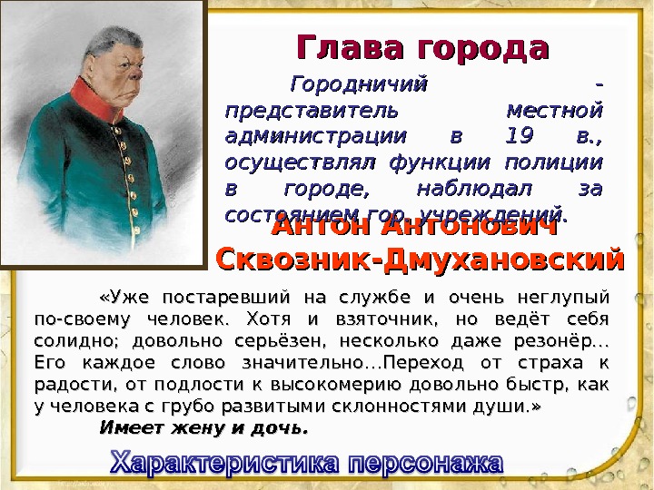 Глава города Антонович Сквозник-Дмухановский Городничий - представитель местной администрации в 19 в. , 