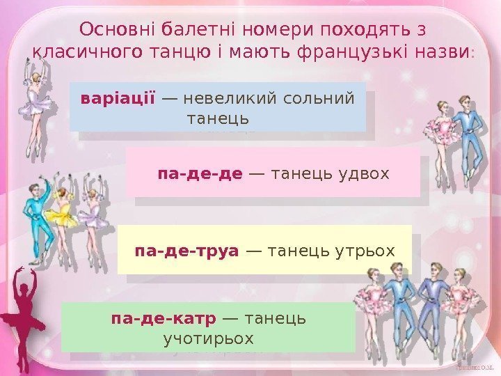 Основні балетні номери походять з класичного танцю і мають французькі назви : варіації —