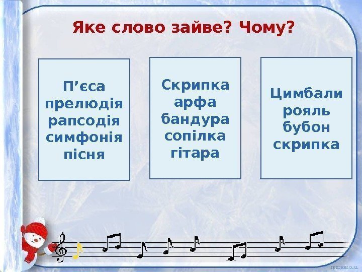 П’єса прелюдія рапсодія симфонія пісня Скрипка арфа бандура сопілка гітара. Яке слово зайве? Чому?