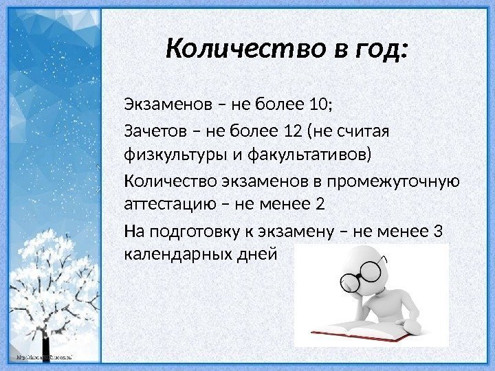 Количество в год: Экзаменов – не более 10; Зачетов – не более 12 (не