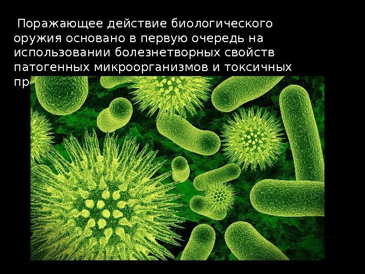  Поражающее действие биологического оружия основано в первую очередь на использовании болезнетворных свойств патогенных