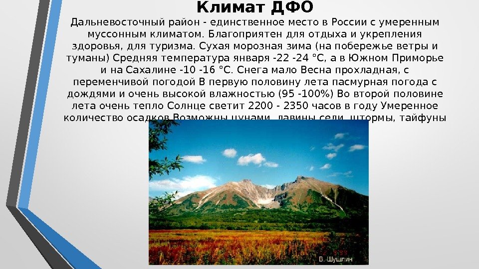 Климат ДФО Дальневосточный район - единственное место в России с умеренным муссонным климатом. Благоприятен