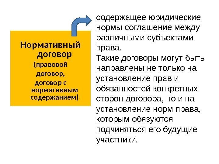 Нормативный договор (правовой договор, договор с нормативным содержанием) содержащее юридические нормы соглашение между различными