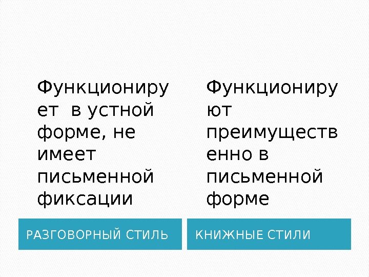 РАЗГОВОРНЫЙ СТИЛЬ КНИЖНЫЕ СТИЛИФункциониру ет в устной форме, не имеет письменной фиксации Функциониру ют