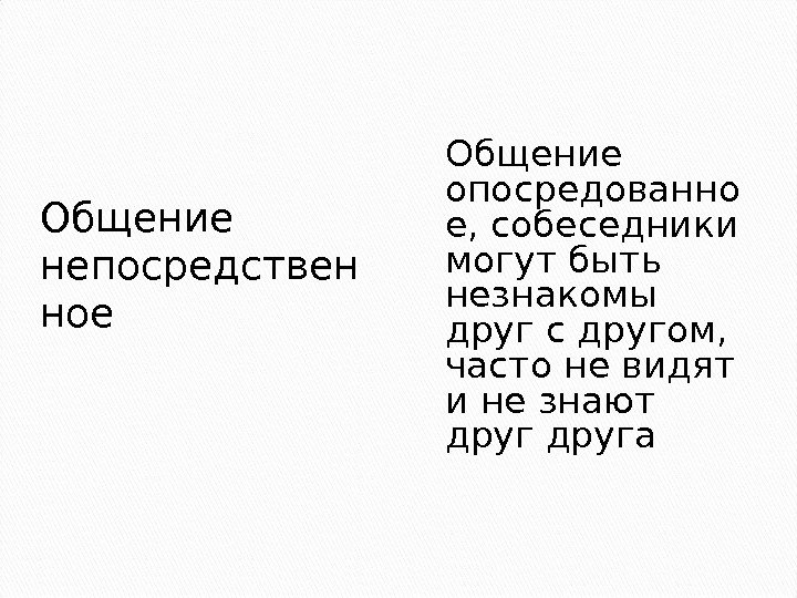 Общение непосредствен ное Общение опосредованно е, собеседники могут быть незнакомы друг с другом, 