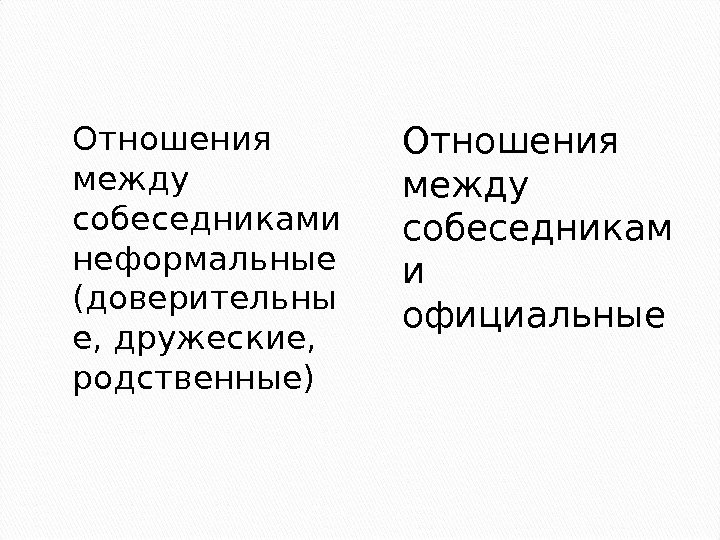 Отношения между собеседниками неформальные (доверительны е, дружеские,  родственные) Отношения между собеседникам и 