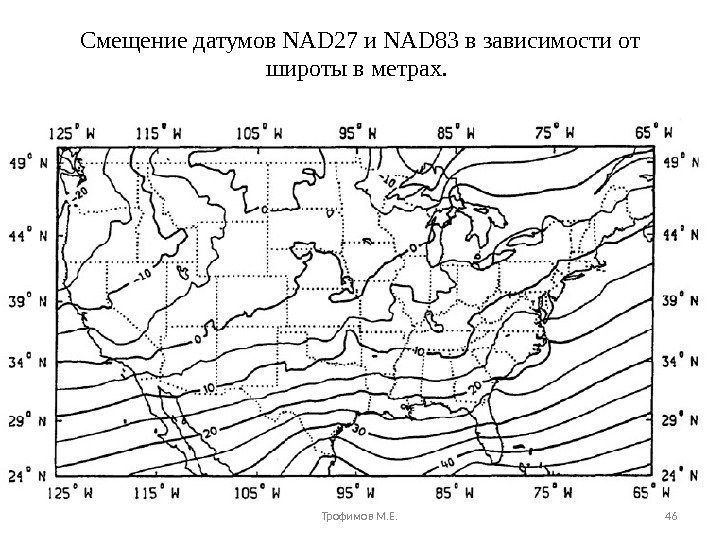 Смещение датумов NAD 27 и NAD 83 в зависимости от широты в метрах. 