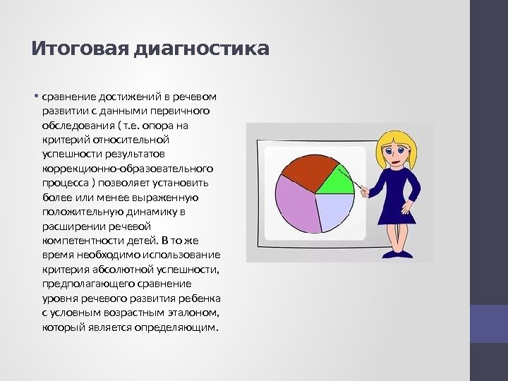  Итоговая диагностика • сравнение достижений в речевом развитии с данными первичного обследования (