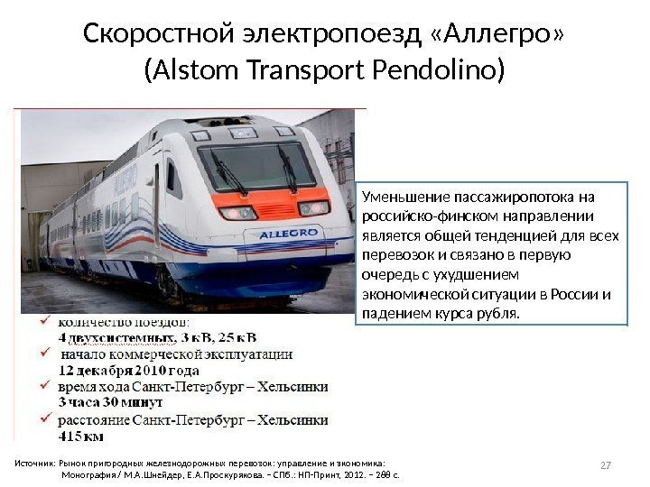 Скоростной электропоезд «Аллегро»  (Alstom Transport Pendolino) 27 Источник: Рынок пригородных железнодорожных перевозок: управление
