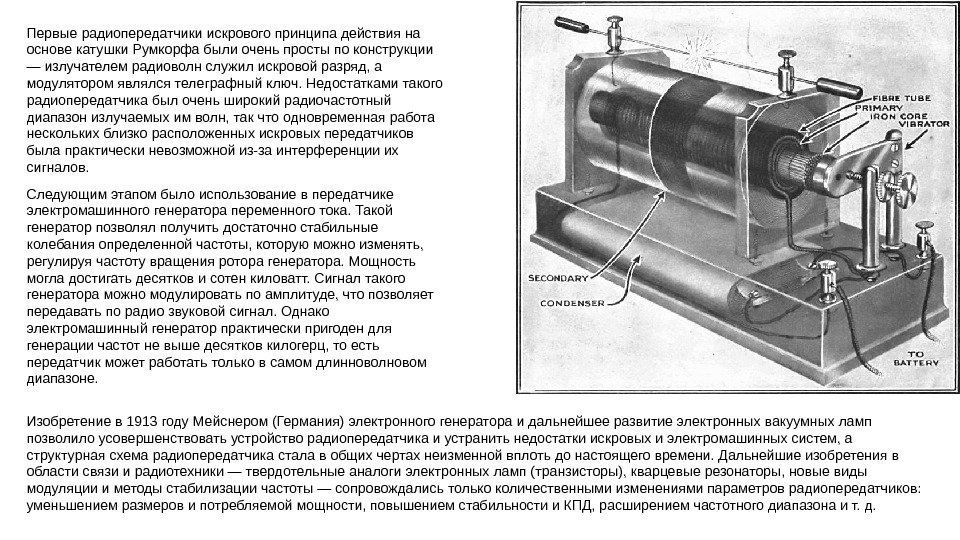 Первые радиопередатчики искрового принципа действия на основе катушки Румкорфа были очень просты по конструкции