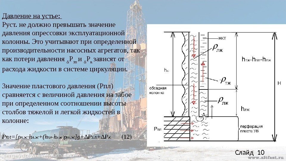 Давление на устье:  Руст. не должно превышать значение давления опрессовки эксплуатационной колонны. Это