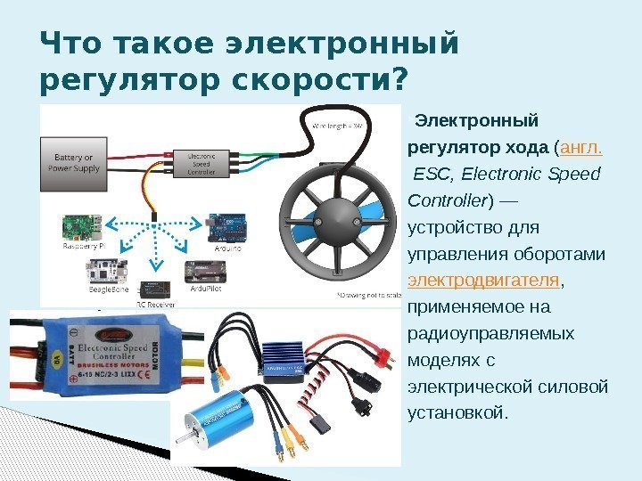 Электронный регулятор хода ( англ.  ESC, Electronic Speed Controller ) — устройство