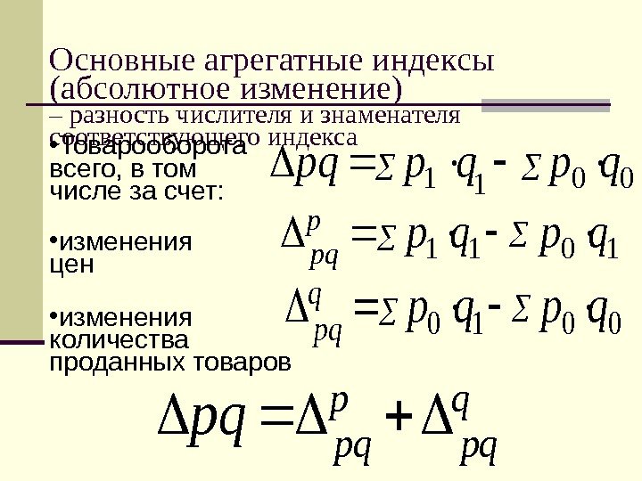   Основные агрегатные индексы (абсолютное изменение) – разность числителя и знаменателя соответствующего индекса