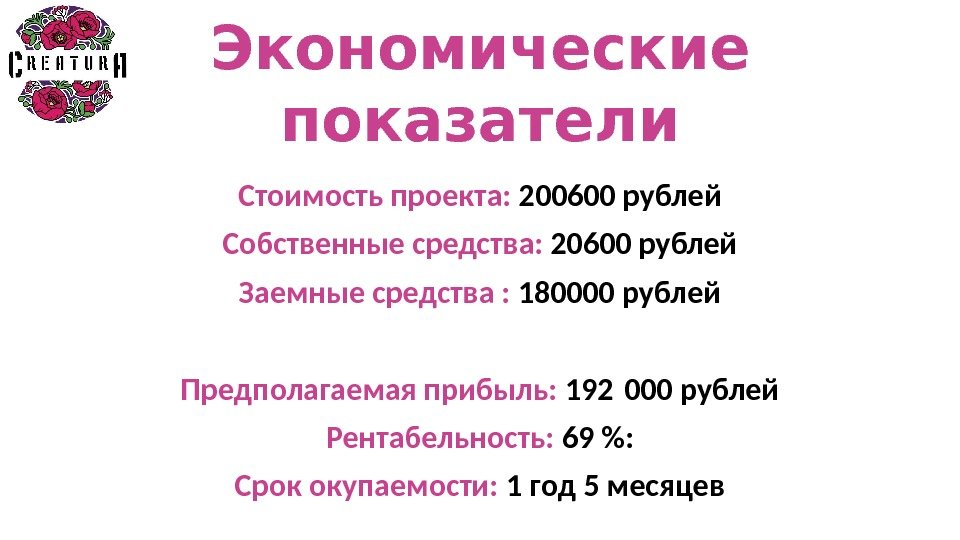 Экономические показатели Стоимость проекта:  200600 рублей Собственные средства:  20600 рублей Заемные средства