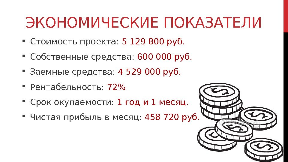ЭКОНОМИЧЕСКИЕ ПОКАЗАТЕЛИ Стоимость проекта:  5 129 800 руб.  Собственные средства:  600
