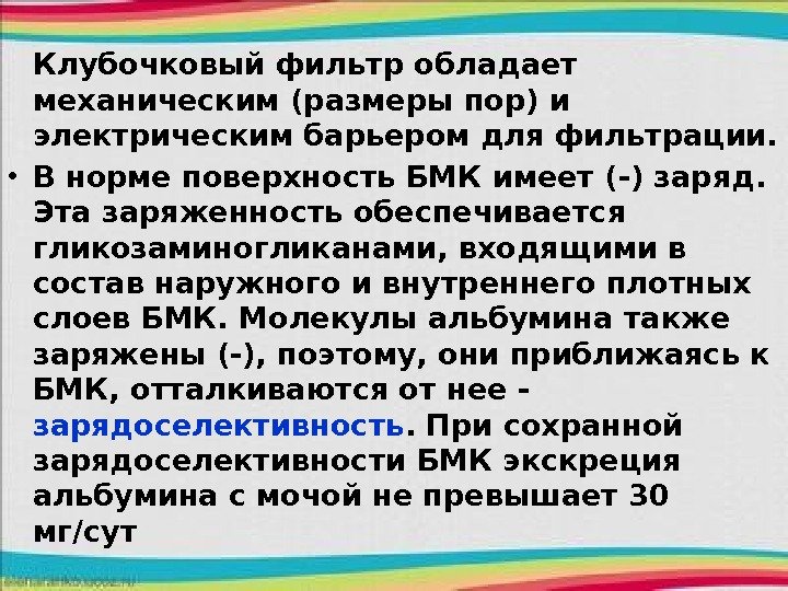 Клубочковый фильтр обладает механическим (размеры пор) и электрическим барьером для фильтрации.  • В