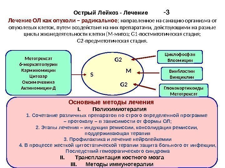 Острый Лейкоз - Лечение Метотрексат 6 -меркаптопурин Карминомицин Цитозар Оксимочевина Актиномицин-Д Основные методы лечения