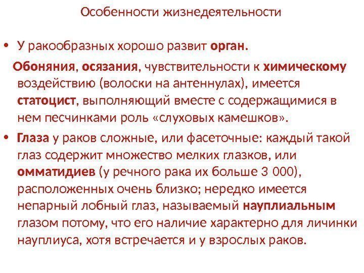 Особенности жизнедеятельности • У ракообразных хорошо развит орган.  Обоняния ,  осязания ,