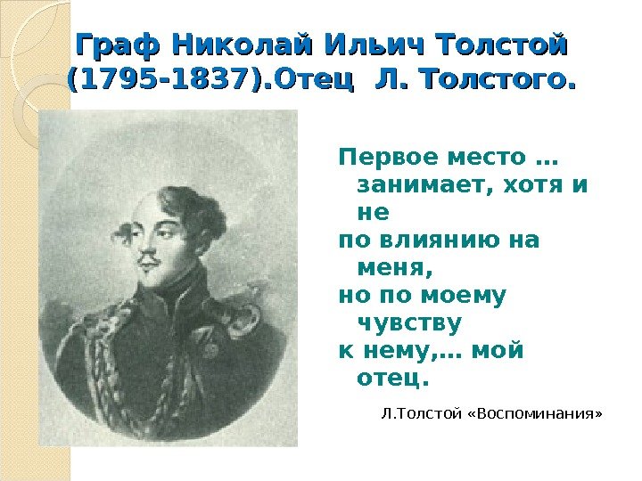 Граф Николай Ильич Толстой (1795 -1837). Отец Л. Толстого. Первое место  … 