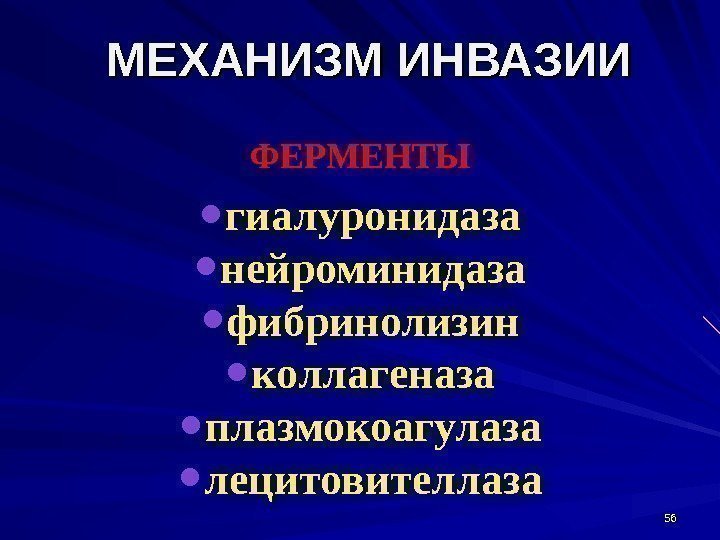 МЕХАНИЗМ ИНВАЗИИ 5656 ФЕРМЕНТЫ • гиалуронидаза • нейроминидаза • фибринолизин • коллагеназа • плазмокоагулаза