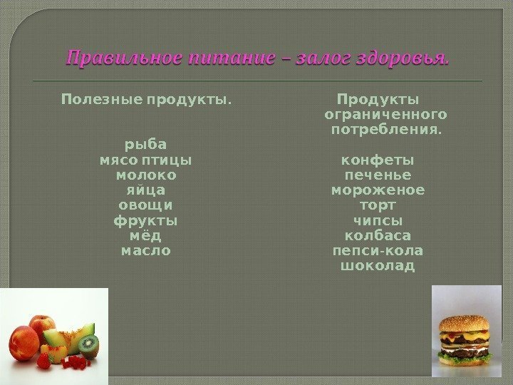  . Полезные продукты рыба  мясо птицы молоко яйца овощи фрукты мёд масло