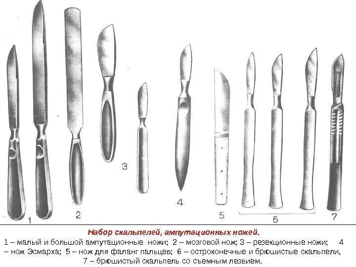 Набор скальпелей, ампутационных ножей. 1 – малый и большой ампутационные ножи;  2 –