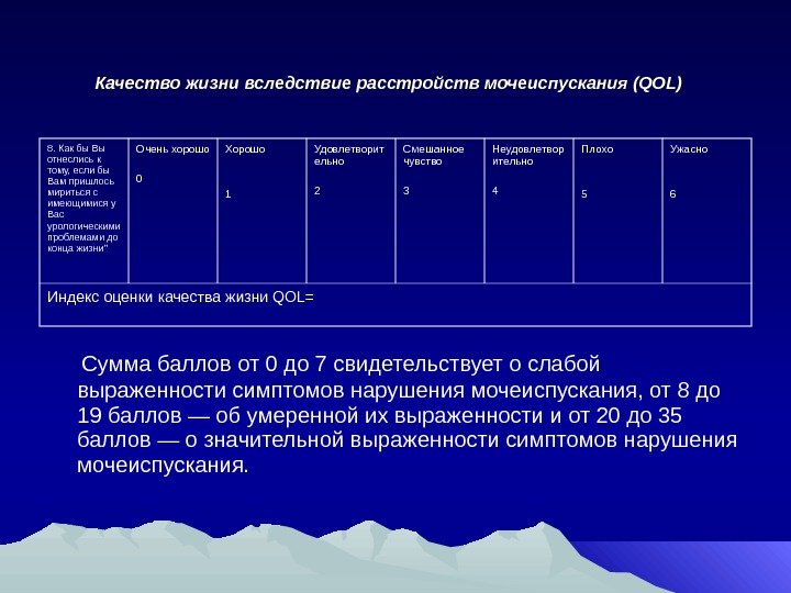 Качество жизни вследствие расстройств мочеиспускания (QOL)  8. Как бы Вы отнеслись к тому,