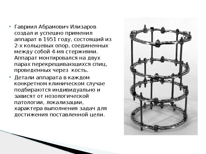  Гавриил Абрамович Илизаров создал и успешно применил аппарат в 1951 году, состоящий из