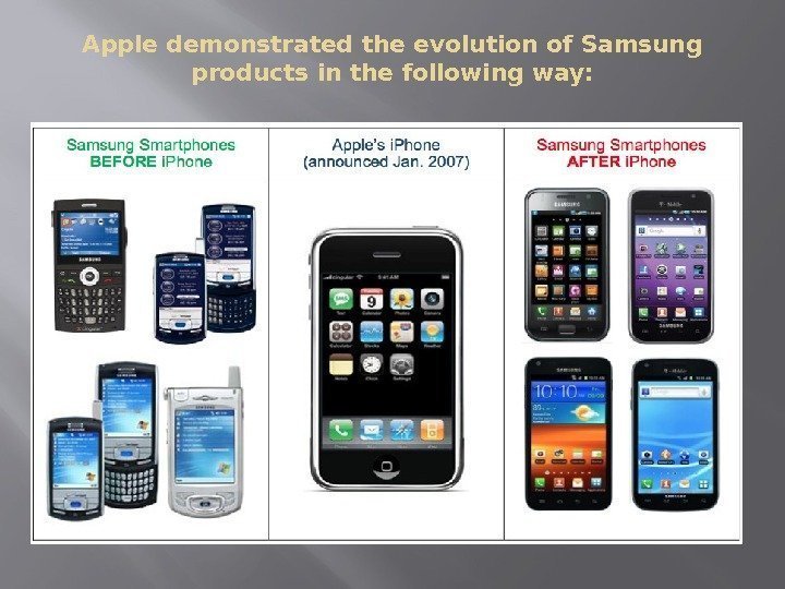 Apple demonstrated the evolution of Samsung products in the following way: 