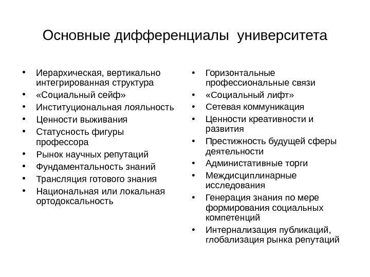 Основные дифференциалы университета • Иерархическая, вертикально интегрированная структура •  «Социальный сейф»  •