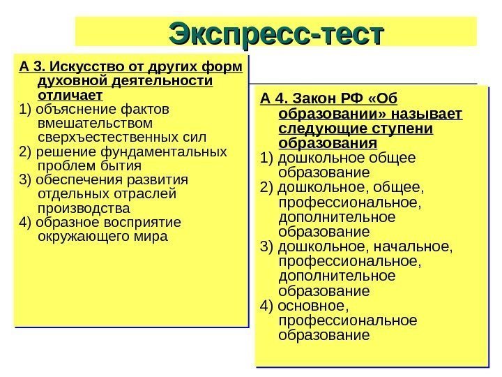 Экспресс-тест А 3. Искусство от других форм духовной деятельности отличает 1) объяснение фактов вмешательством