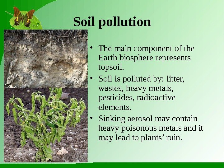 Soil pollution • The main component of the Earth biosphere represents topsoil.  •
