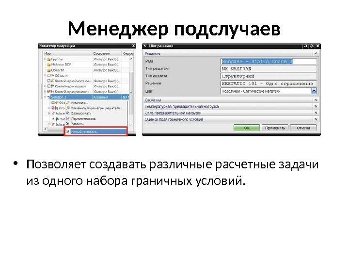 Менеджер подслучаев • Позволяет создавать различные расчетные задачи из одного набора граничных условий. 