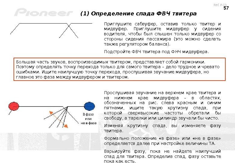 57 (1) Определение спада ФВЧ твитера Приглушите сабвуфер,  оставив только твитер и мидвуфер.